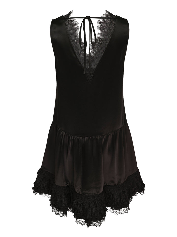 GANNI black fluid satin sleeveless mini dress with lace-trimmed V-neckline, tie back detail and tiered pleated lace ruffle hem - view 2