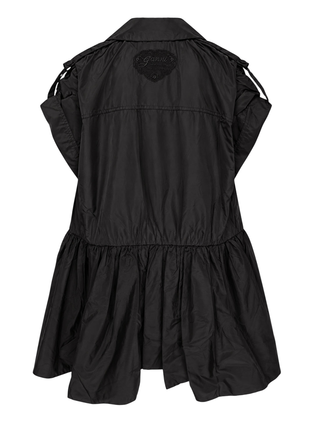 Ganni Flyweight Nylon Mini Utility Dress in black, featuring a camp collar, tonal snap button placket, oversized chest cargo pockets, and a gathered tiered flared skirt - view 2