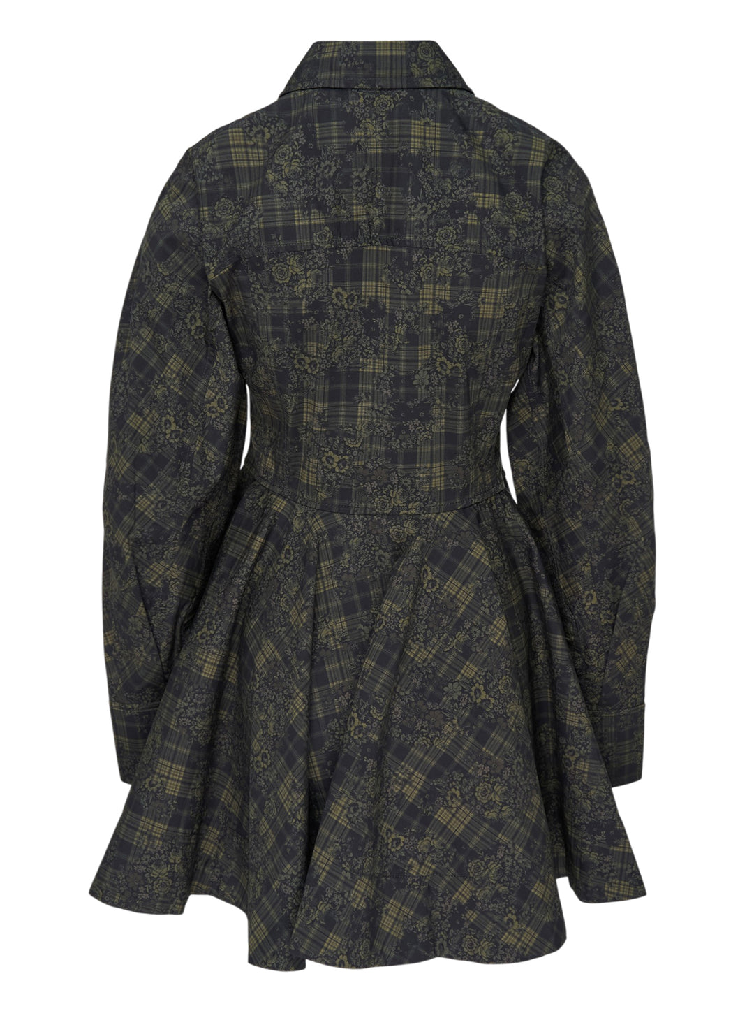 Ganni Printed Stretch Cotton Peplum Dress in dark green floral tartan, featuring a point collar, button-through front, and voluminous gathered skirt with ruffle hem - view 2