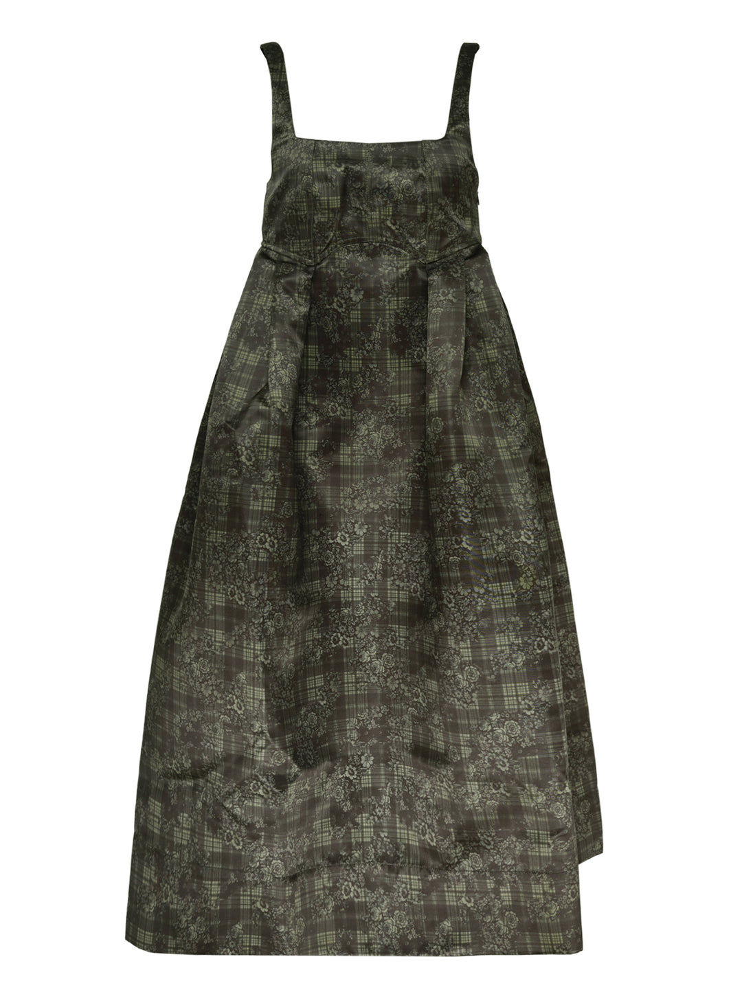 Ganni Printed Duchesse Satin Corset Dress in dark olive green plaid floral jacquard, featuring a square neckline, structured bodice, and full pleated A-line midi skirt
