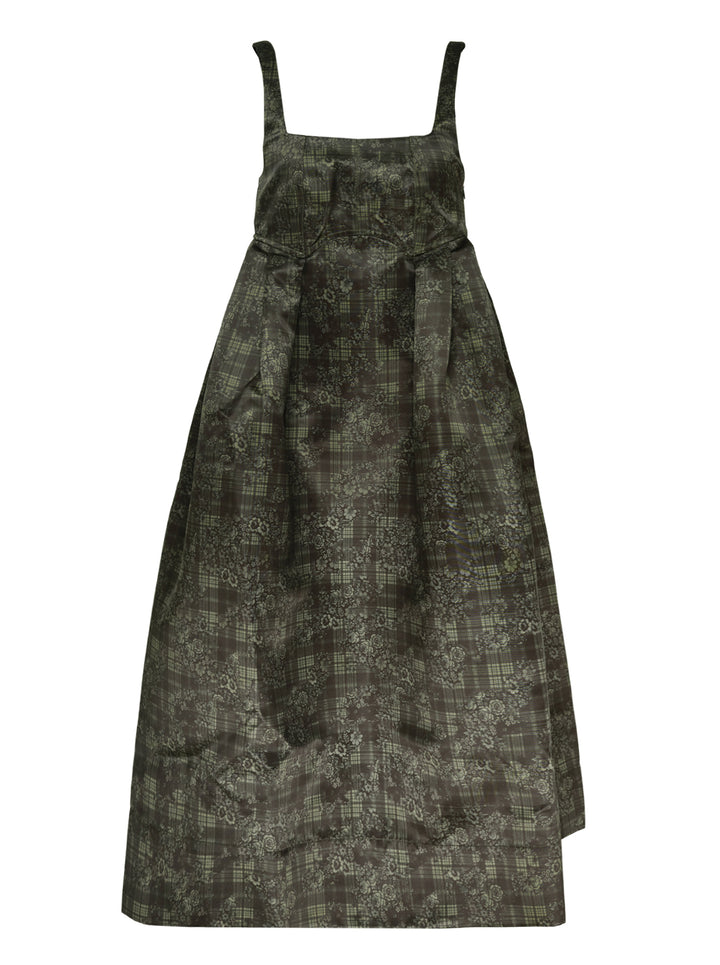 Ganni Printed Duchesse Satin Corset Dress in dark olive green plaid floral jacquard, featuring a square neckline, structured bodice, and full pleated A-line midi skirt