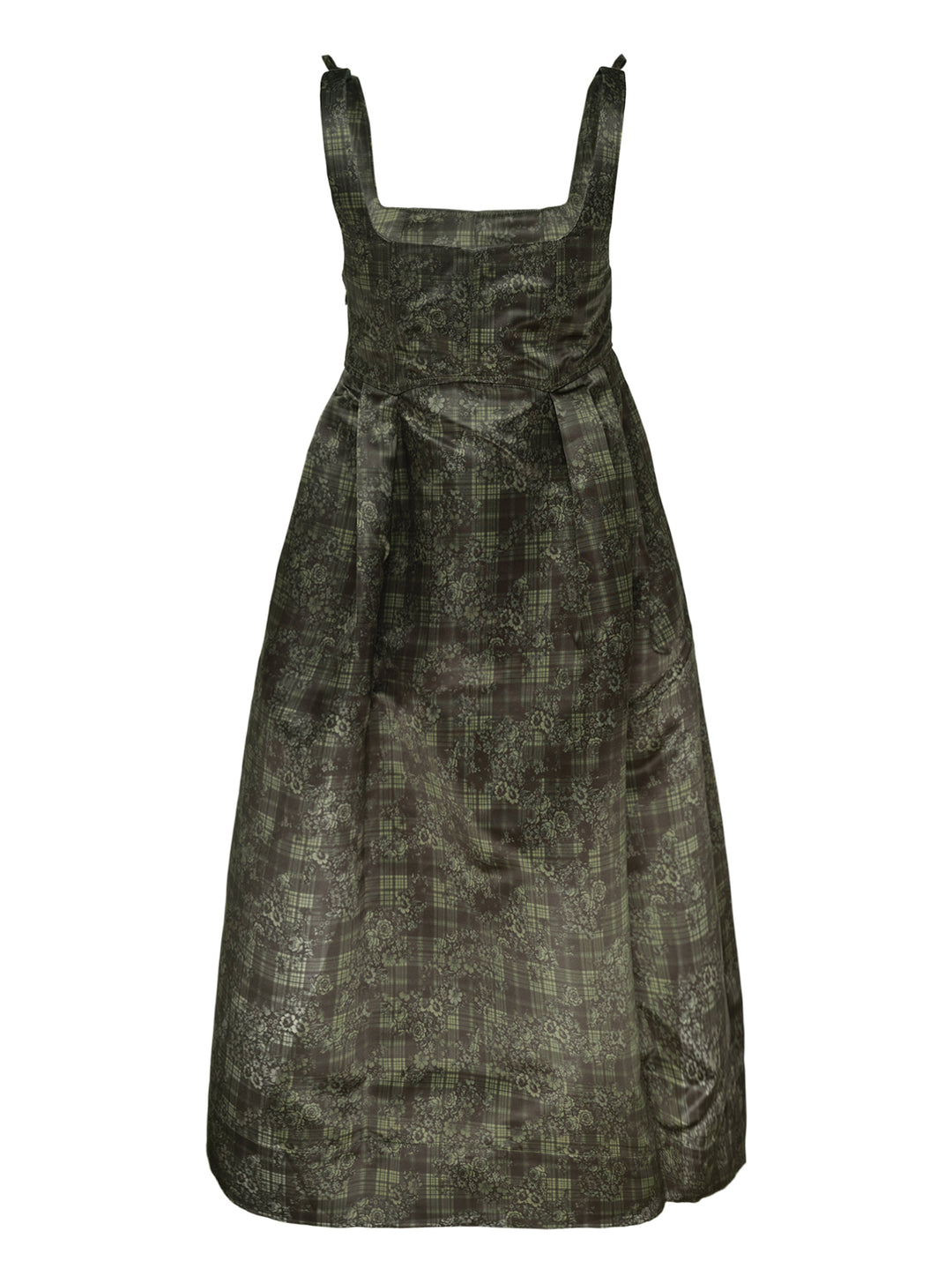 Ganni Printed Duchesse Satin Corset Dress in dark olive green plaid floral jacquard, featuring a square neckline, structured bodice, and full pleated A-line midi skirt - view 2