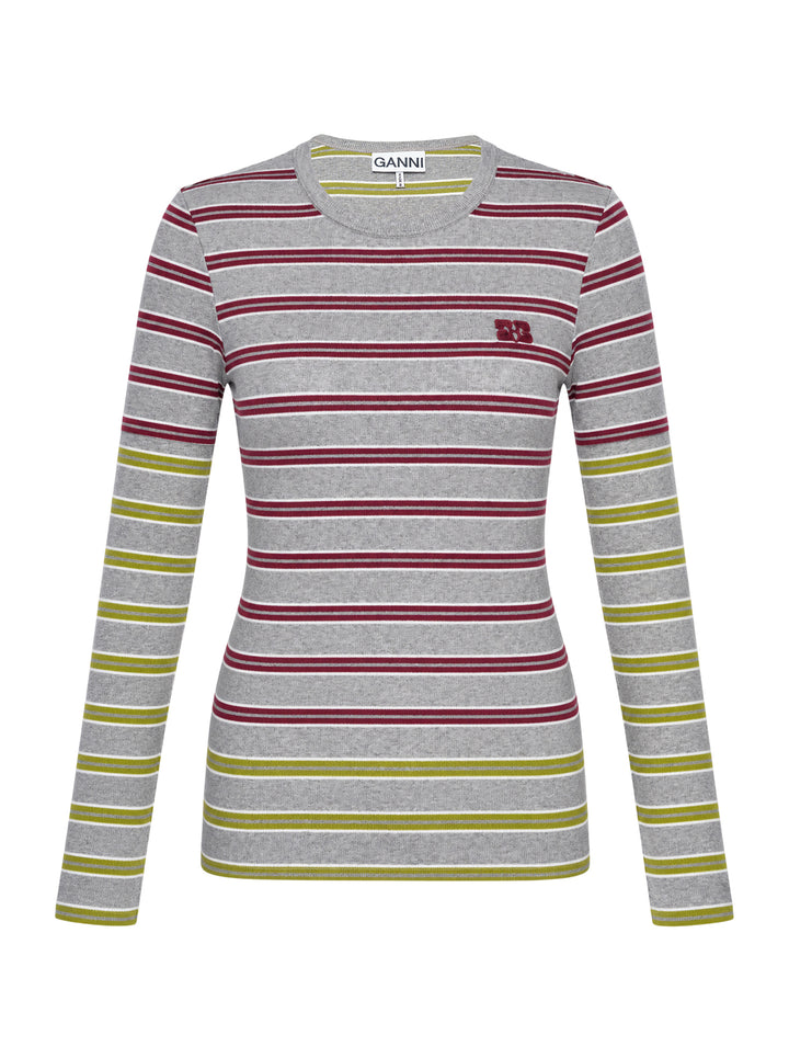 Ganni Soft Cotton Rib Long Sleeve Top in heathered grey with burgundy and olive-yellow horizontal stripes, featuring an embroidered Ganni logo on the chest and a round neckline