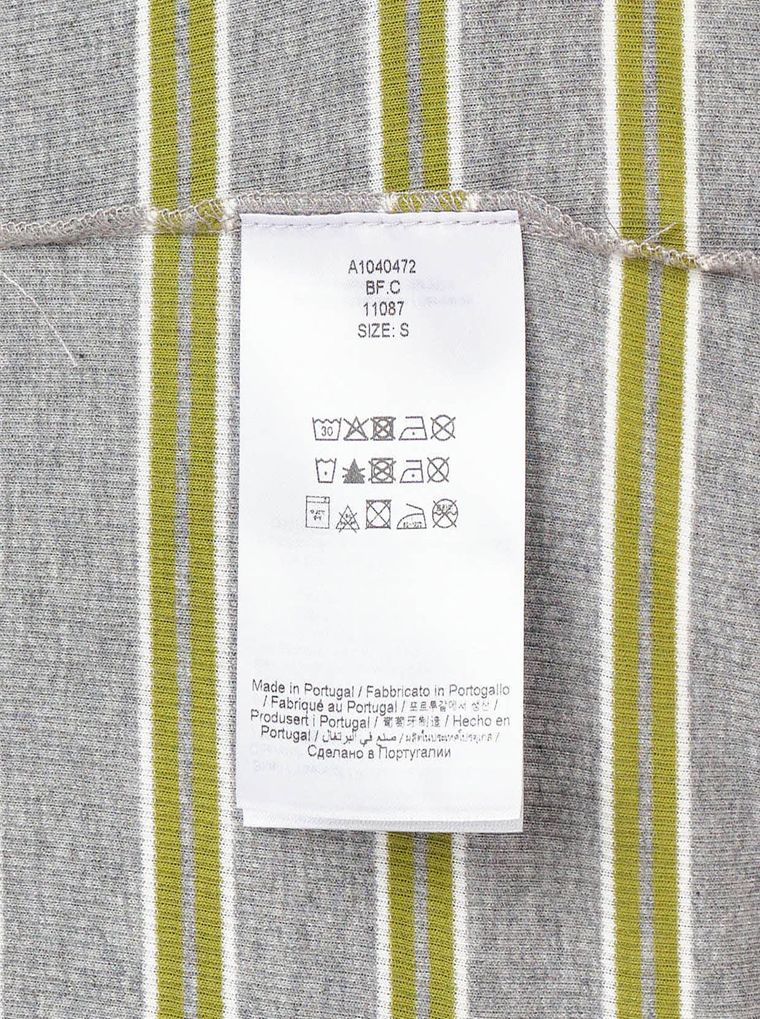 Ganni Soft Cotton Rib Long Sleeve Top in heathered grey with burgundy and olive-yellow horizontal stripes, featuring an embroidered Ganni logo on the chest and a round neckline - view 3