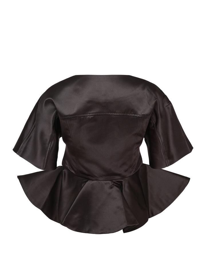 Ganni Duchesse Satin Peplum Zip Blouse in deep brown, displayed flat, featuring a full-length two-way zip, structured flared half-sleeves, and a dramatic fluted peplum hem - view 2