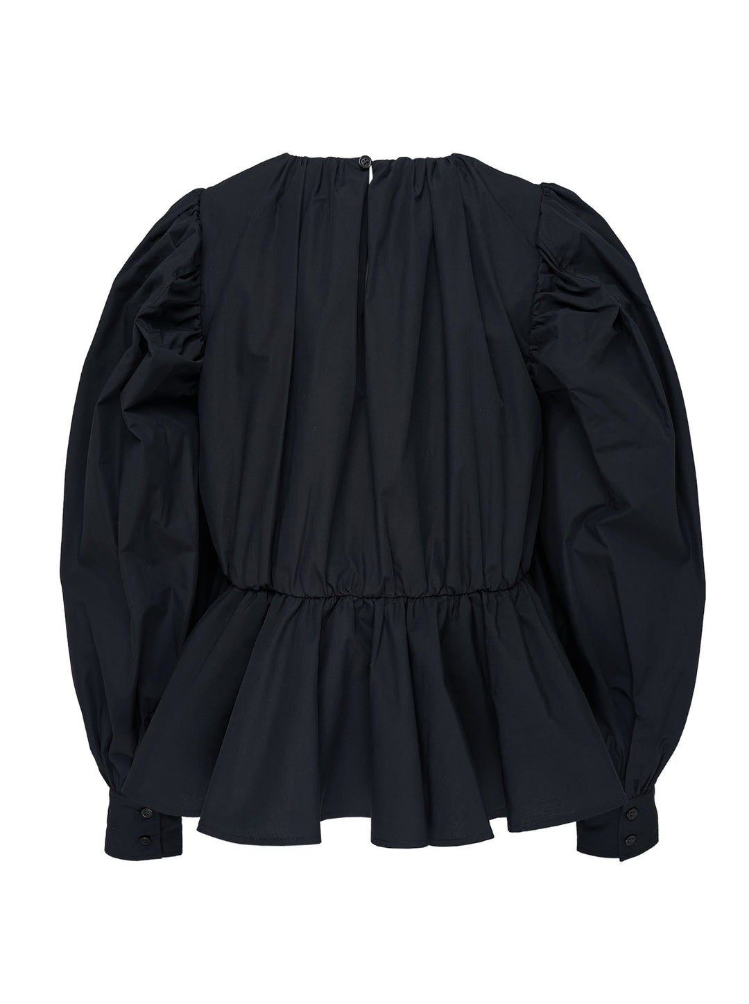 Ganni Compact Poplin Gathered Peplum Top in black, featuring a ruched neckline, voluminous long sleeves with elasticated cuffs, and a flared peplum hem with elasticated waistband - view 2