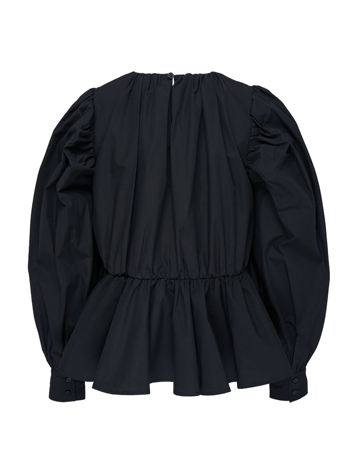 Ganni Compact Poplin Gathered Peplum Top in black, featuring a ruched neckline, voluminous long sleeves with elasticated cuffs, and a flared peplum hem with elasticated waistband - view 2