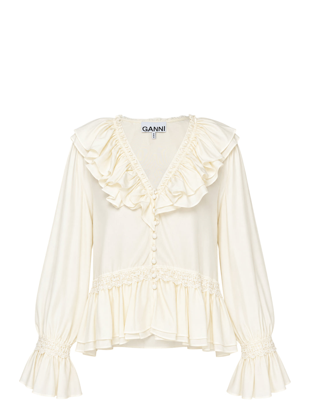 GANNI cream viscose silk habotai frill blouse with ruffled V-neckline, lace trims, peplum hem and flounced cuffs