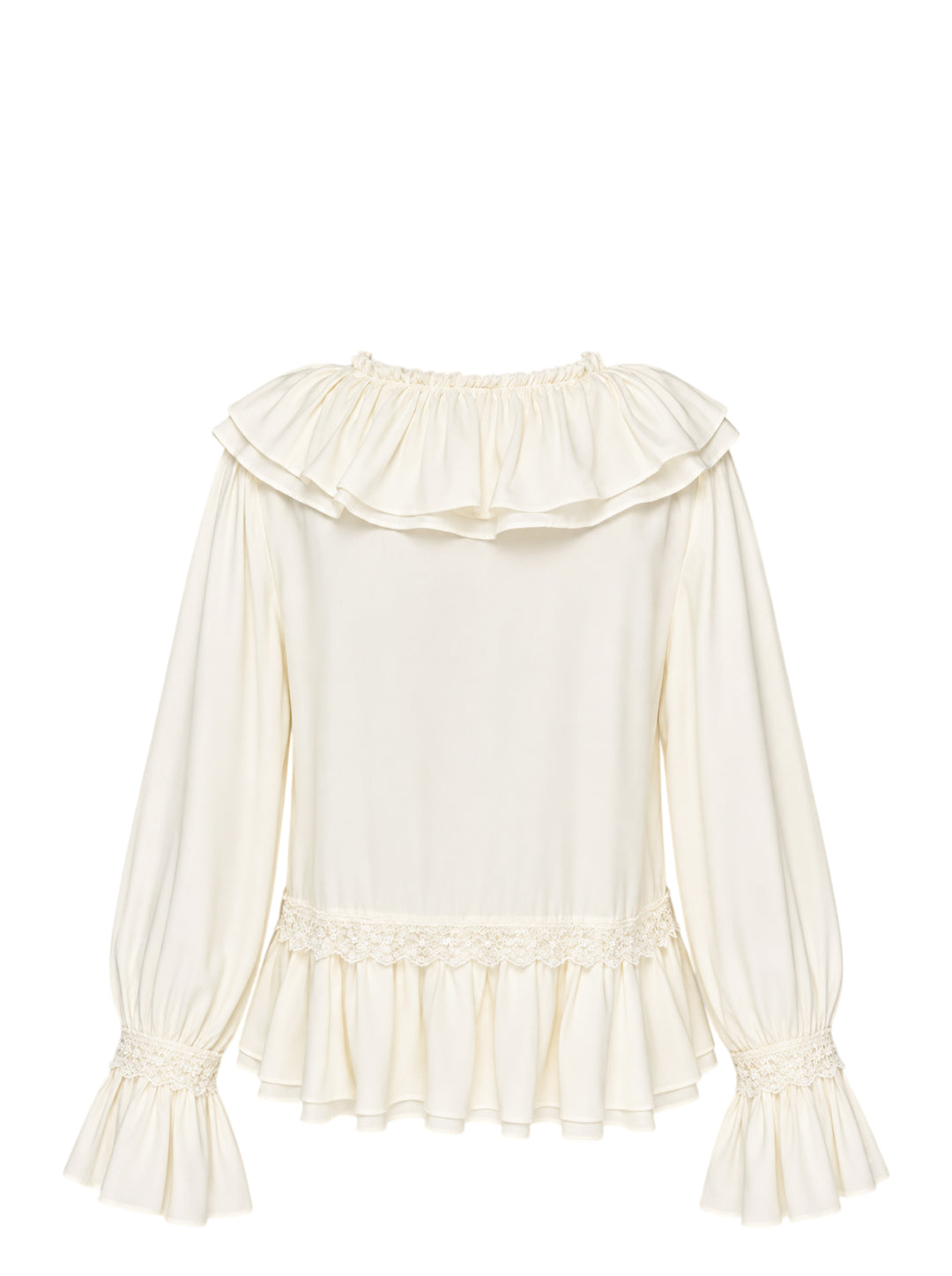 GANNI cream viscose silk habotai frill blouse with ruffled V-neckline, lace trims, peplum hem and flounced cuffs - view 2