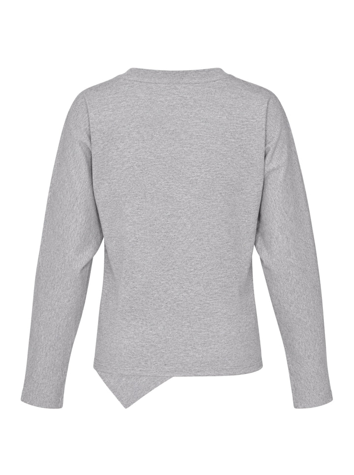 Ganni Heavy Stretch Cotton Draped Top in grey marl with long sleeves, crew neck, and asymmetric ruched waist detail - view 2