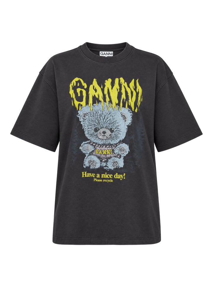 Ganni Heavy Cotton Forest Ted T-shirt in washed black, featuring a yellow drip-style Ganni logo above a teddy bear mascot graphic and 'Have a nice day! Please recycle' slogan print