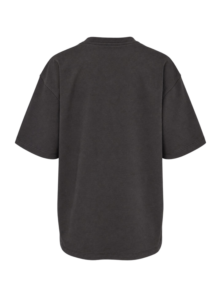 Ganni Heavy Cotton Forest Ted T-shirt in washed black, featuring a yellow drip-style Ganni logo above a teddy bear mascot graphic and 'Have a nice day! Please recycle' slogan print - view 2