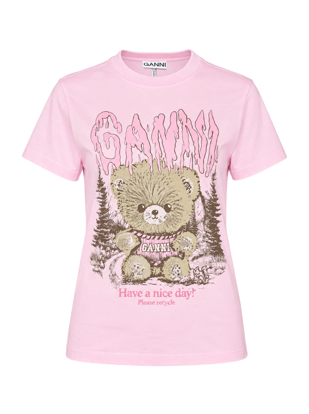 Ganni pink cotton jersey baby fit tee with dripping Ganni logo graphic, illustrated teddy bear in a forest scene, and 'Have a nice day! Please recycle' slogan print on the front