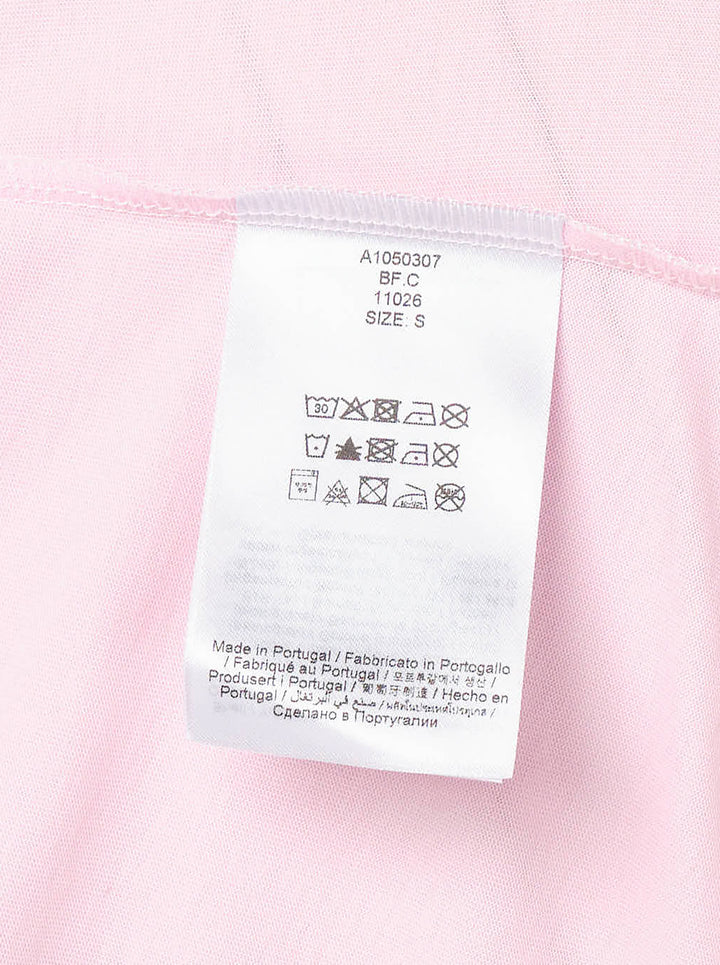 Ganni pink cotton jersey baby fit tee with dripping Ganni logo graphic, illustrated teddy bear in a forest scene, and 'Have a nice day! Please recycle' slogan print on the front - view 3
