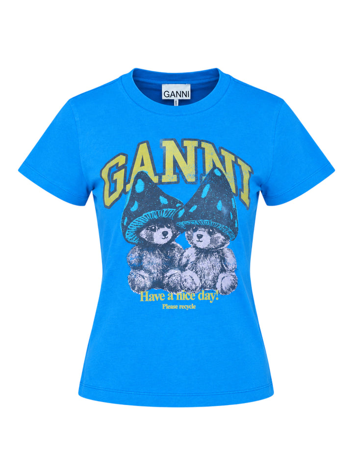 Ganni Heavy Jersey Baby Fit Tee in bright blue with collegiate Ganni logo, mushroom bear graphic, and 'Have a nice day! Please recycle' slogan print on the chest