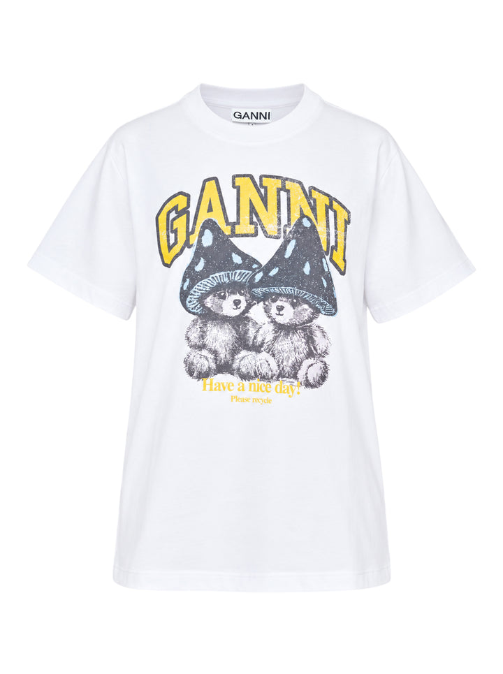 Ganni white relaxed cotton t-shirt with collegiate 'Ganni' lettering above a distressed graphic of two fuzzy bears wearing mushroom caps, with 'Have a nice day! Please recycle' text beneath