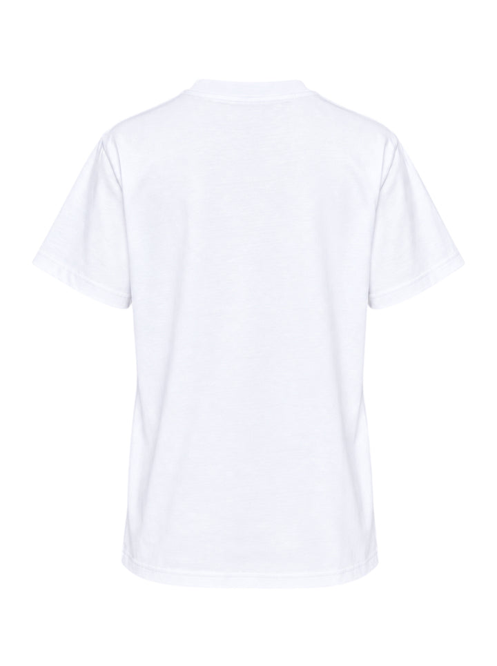 Ganni white relaxed cotton t-shirt with collegiate 'Ganni' lettering above a distressed graphic of two fuzzy bears wearing mushroom caps, with 'Have a nice day! Please recycle' text beneath - view 2