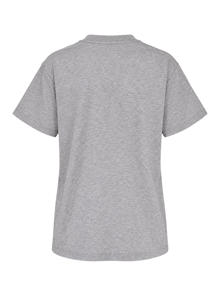 Ganni relaxed graphic cotton tee in heathered grey with orange flame-style Ganni logo, illustrated teddy bear holding a Ganni sign, pine forest motif, and 'Have a nice day! Please recycle' text on the front - view 2