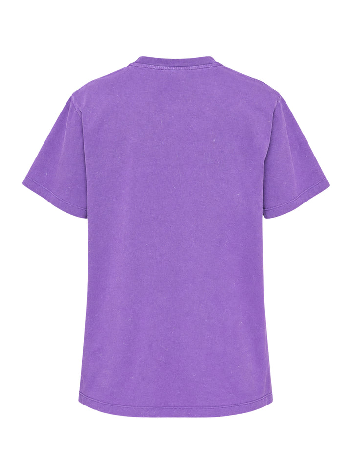 Ganni Future Heavy Relaxed Tee in purple with gothic pink dripping logo text and distressed teddy bear graphic holding a Ganni sign, set against a forest illustration, with 'Have a nice day! Please recycle' text below - view 2