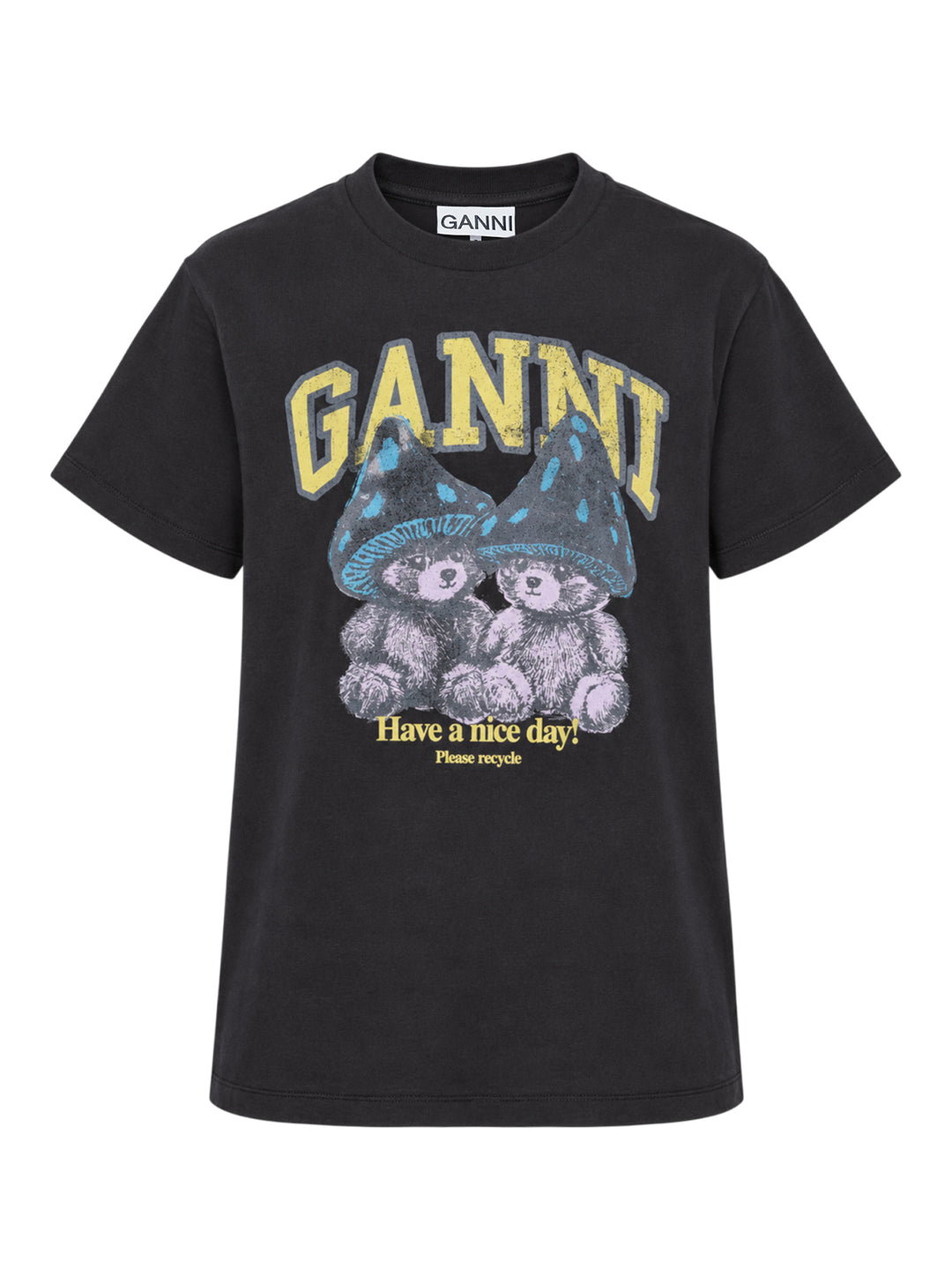 Ganni washed black relaxed cotton tee with distressed collegiate 'GANNI' lettering and a twin teddy bear mushroom graphic print reading 'Have a nice day! Please recycle'