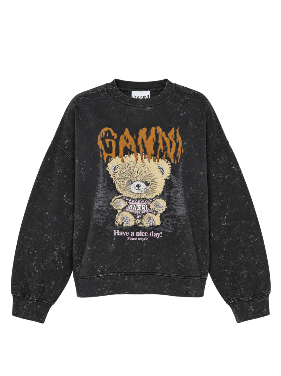 Ganni Teddy Forest Crewneck Sweatshirt in washed black with gothic orange Ganni logo, teddy bear forest graphic, and 'Have a nice day! Please recycle' slogan on the front