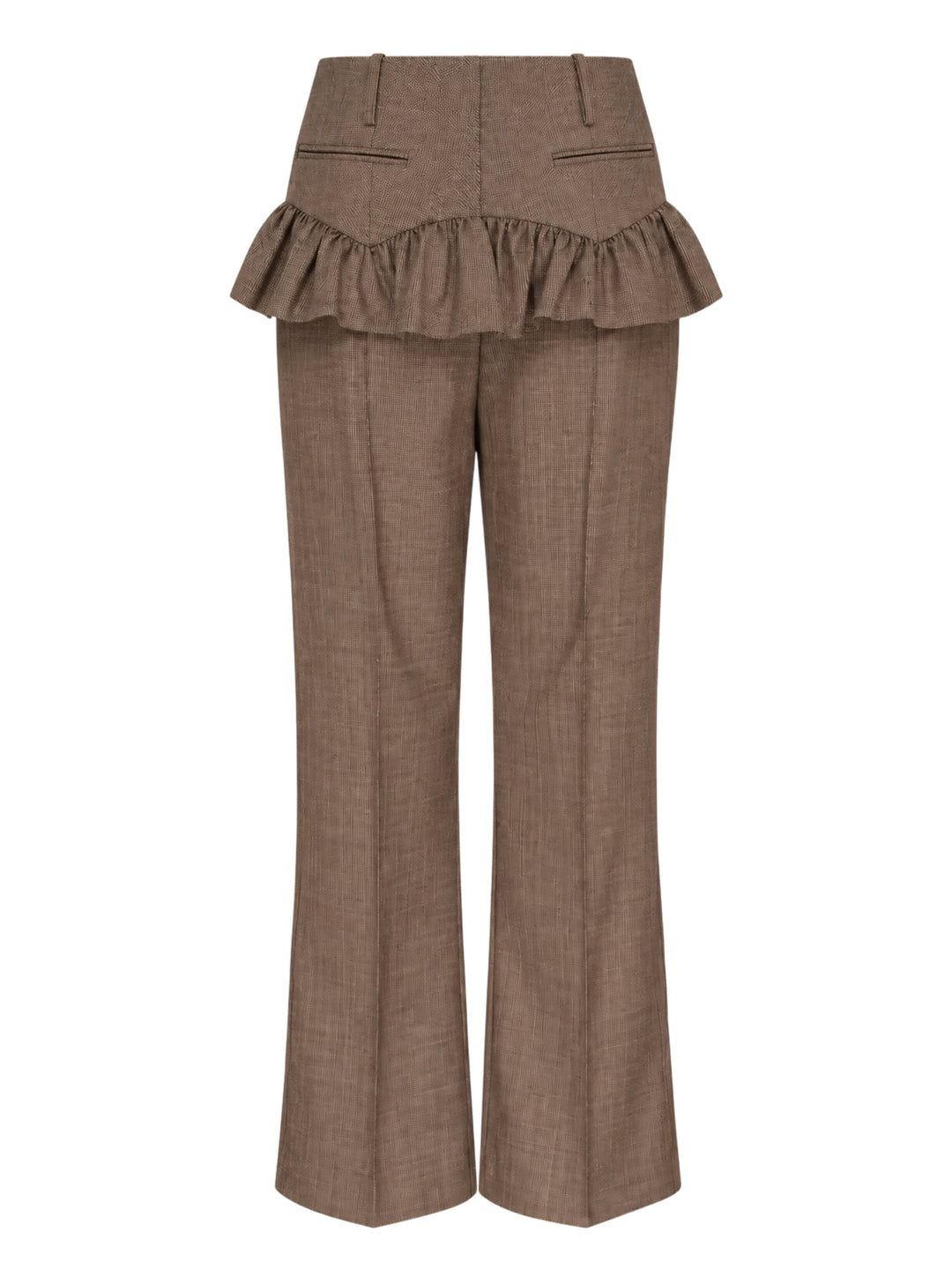 Brown wool melange high-waisted trousers with a ruffled peplum waist and flared leg by Ganni
