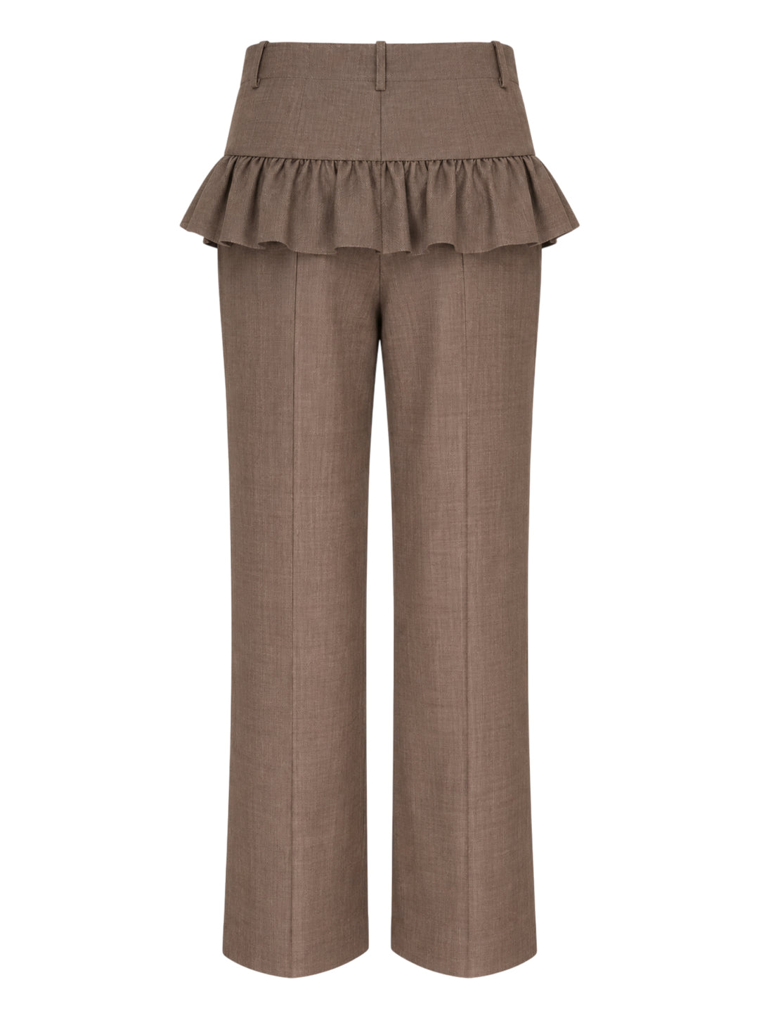 Brown wool melange high-waisted trousers with a ruffled peplum waist and flared leg by Ganni - view 2