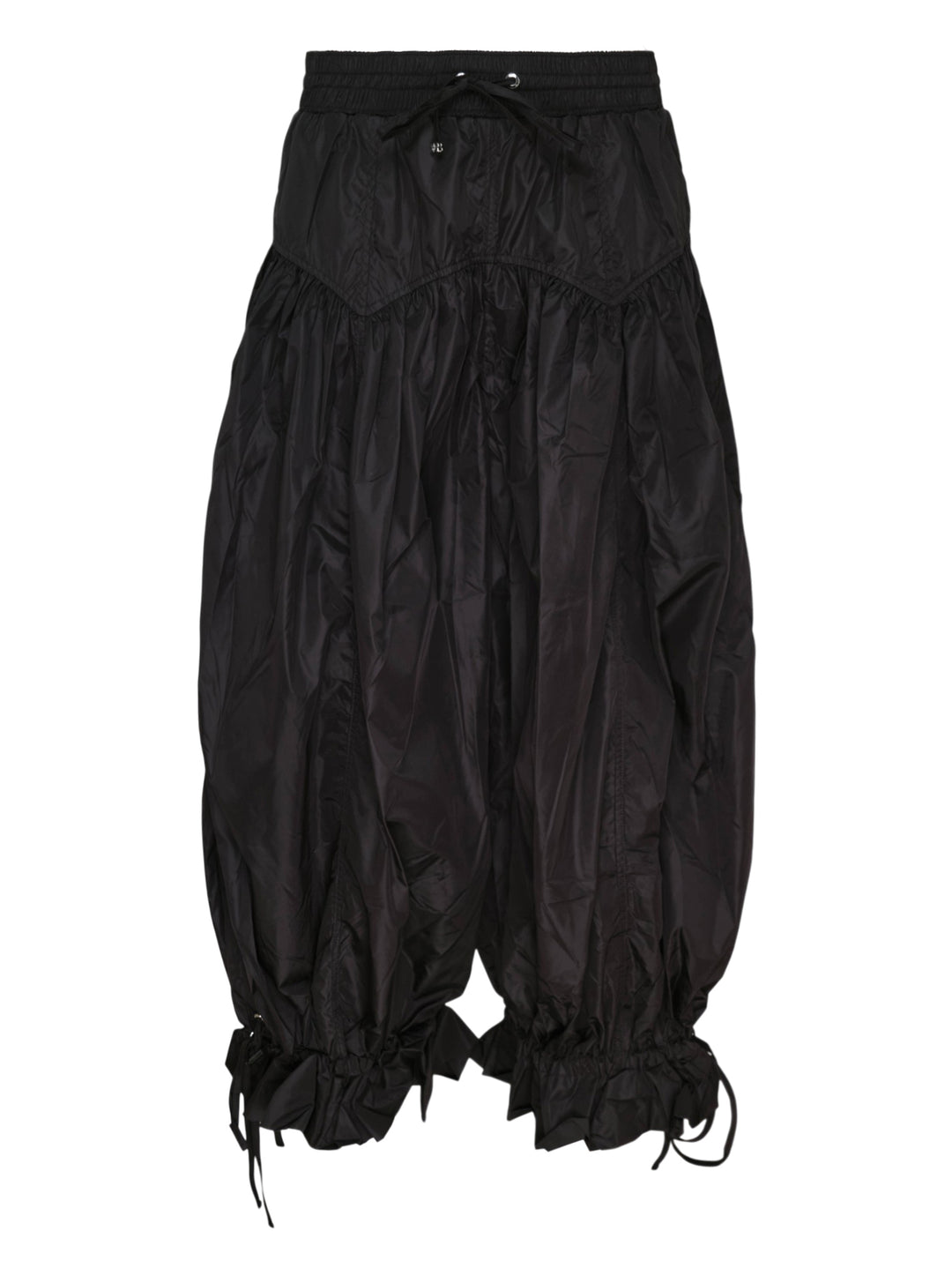 Ganni Flyweight Nylon Balloon Pants in black, featuring a gathered hip yoke, voluminous silhouette, and ruched drawstring ankle ties, shown flat on a white background