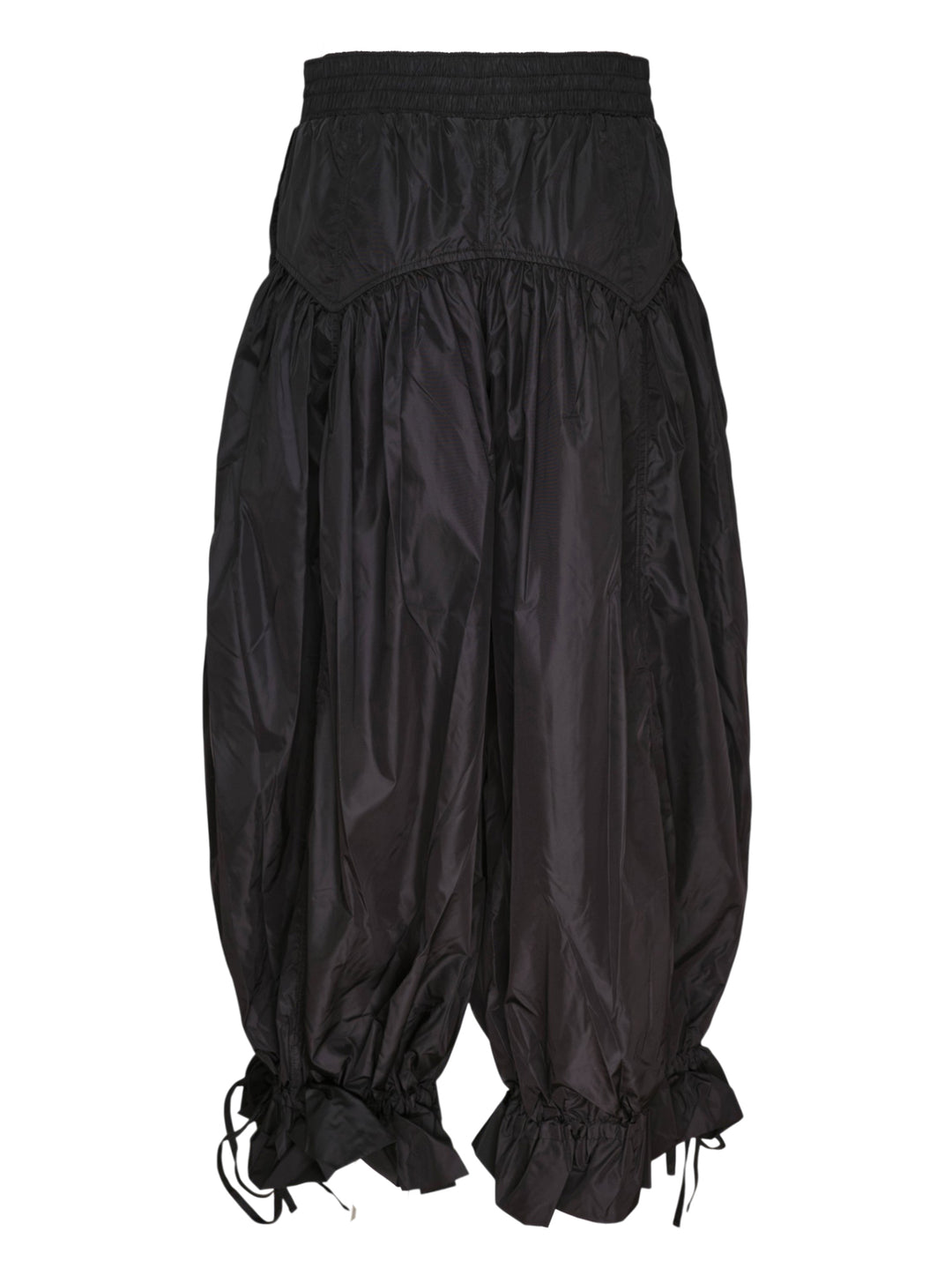 Ganni Flyweight Nylon Balloon Pants in black, featuring a gathered hip yoke, voluminous silhouette, and ruched drawstring ankle ties, shown flat on a white background - view 2