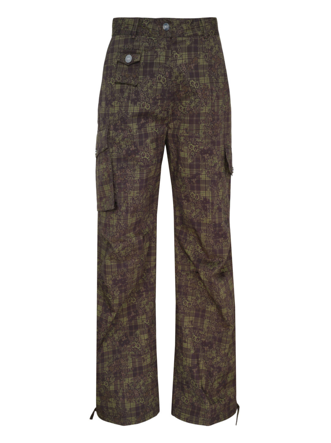 Ganni Stretch Cotton Cargo Pants in olive and burgundy mixed tartan and floral paisley print with cargo patch pockets and drawstring ankles, flat lay front view
