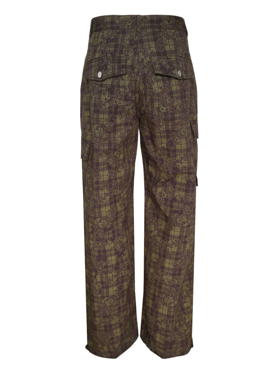 Ganni Stretch Cotton Cargo Pants in olive and burgundy mixed tartan and floral paisley print with cargo patch pockets and drawstring ankles, flat lay front view - view 2
