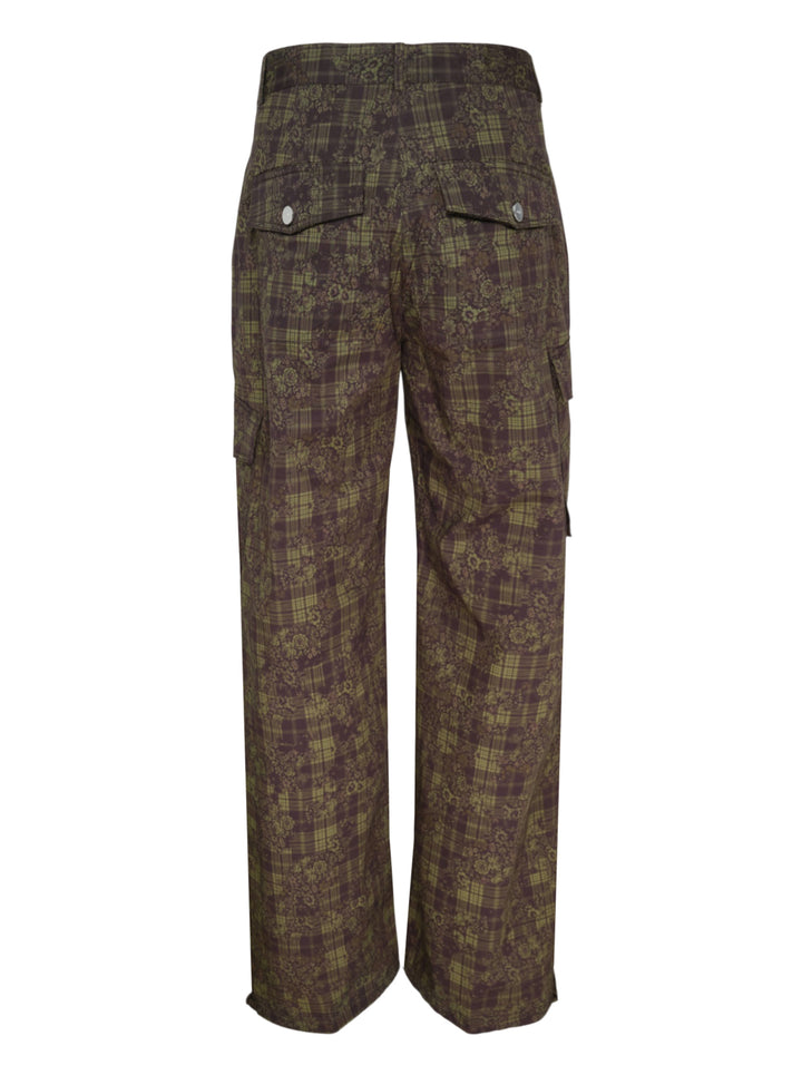 Ganni Stretch Cotton Cargo Pants in olive and burgundy mixed tartan and floral paisley print with cargo patch pockets and drawstring ankles, flat lay front view - view 2