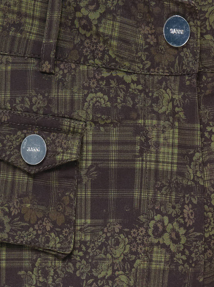 Ganni Stretch Cotton Cargo Pants in olive and burgundy mixed tartan and floral paisley print with cargo patch pockets and drawstring ankles, flat lay front view - view 3