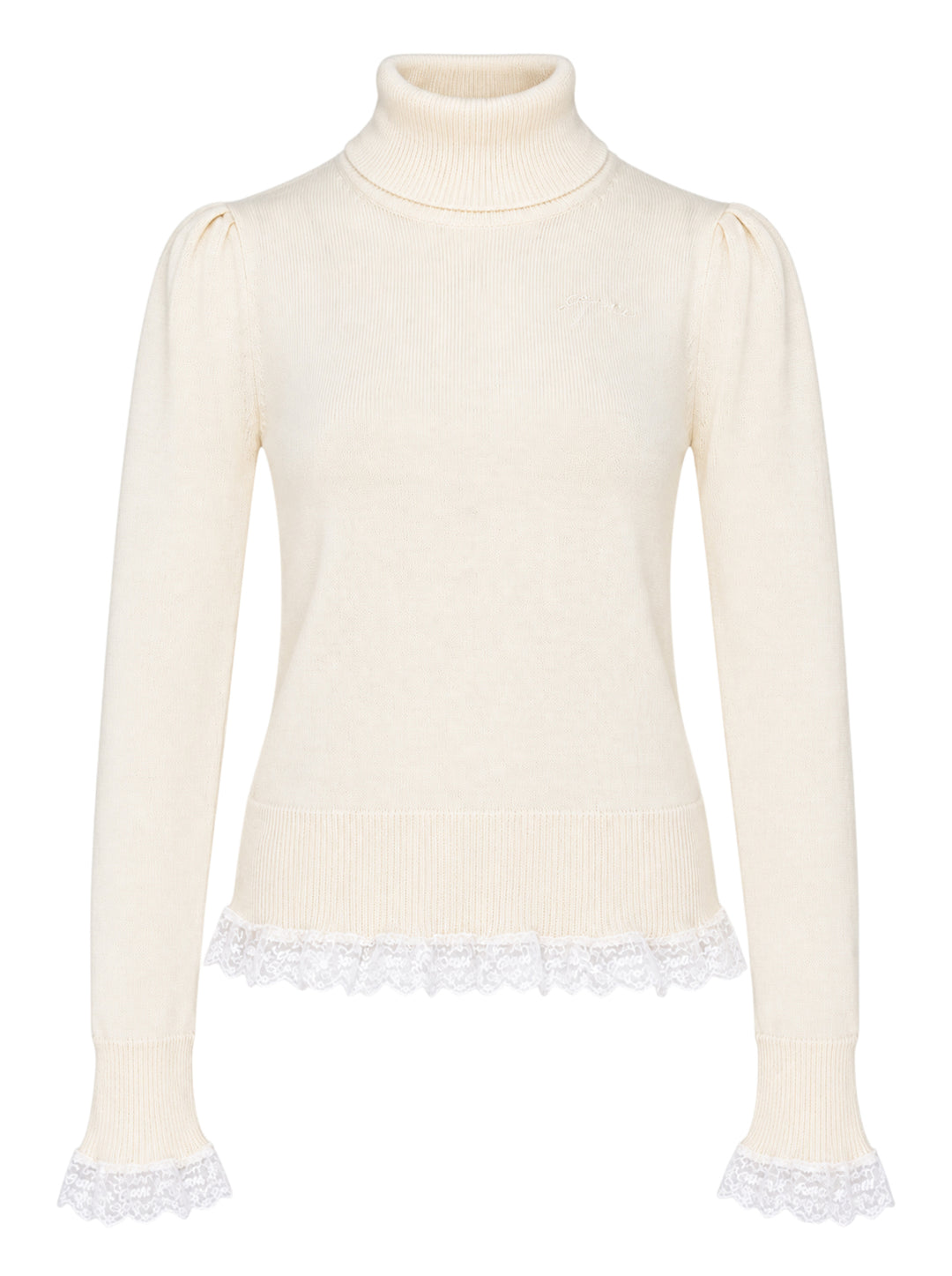 Ganni ivory merino wool turtleneck with puff sleeves, fluted lace-trimmed cuffs, and white lace frill hem detail, product flat lay on white background