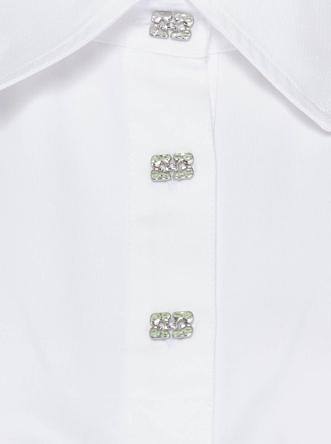 White long sleeve polo top with pointed collar, crystal buttons and ruched side draping - view 3