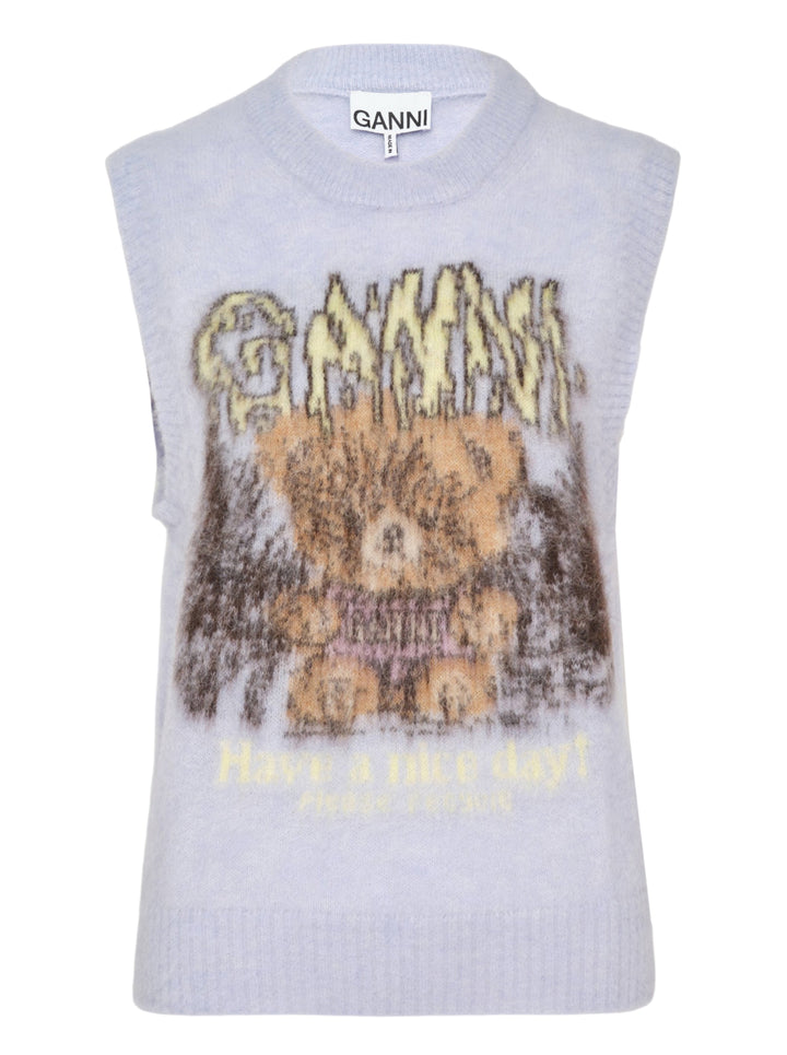 Ganni Brushed Alpaca Teddy Vest in pale lavender with intarsia teddy bear and rock-style logo graphic on the front