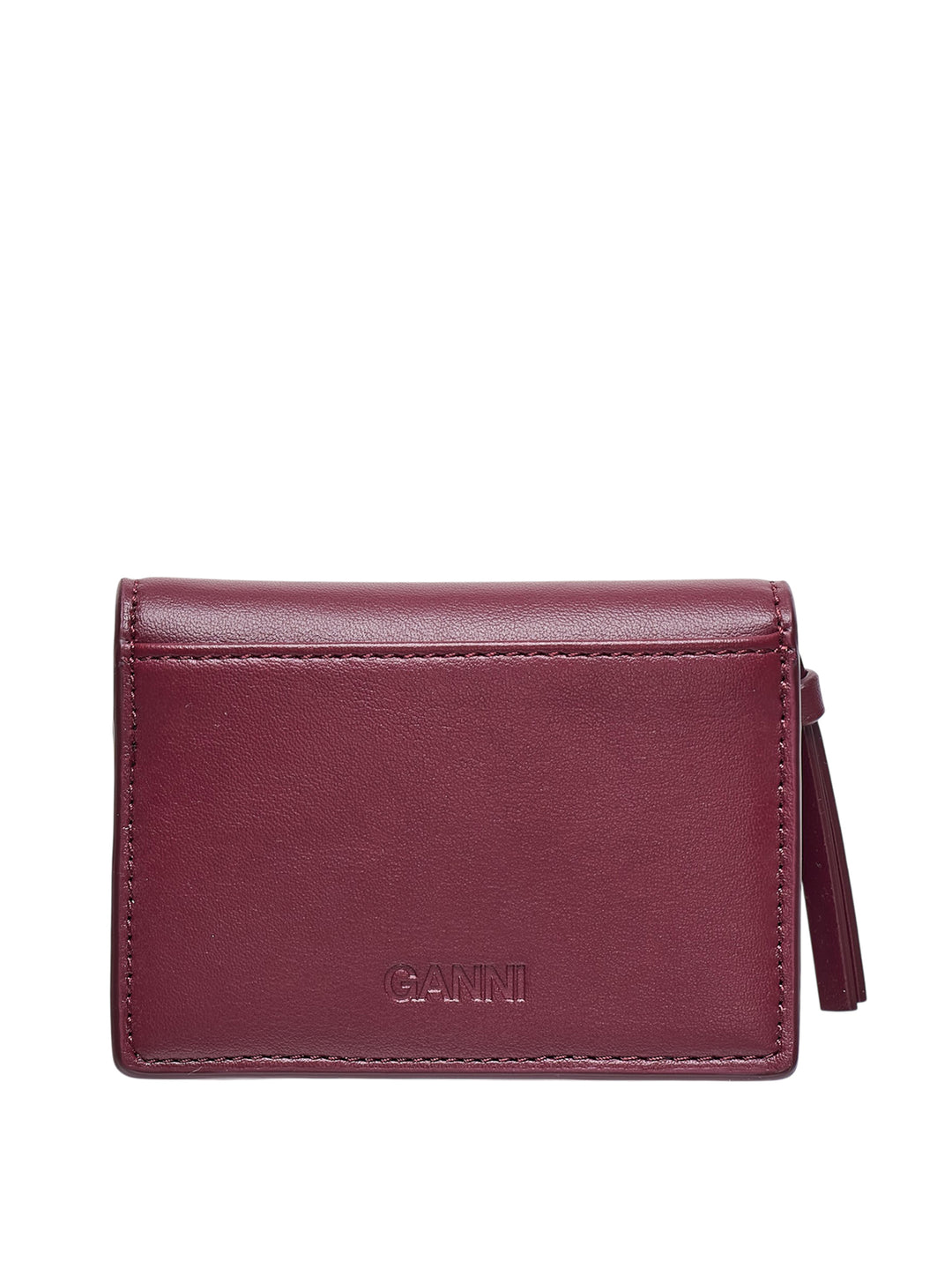 Ganni Bou Bear Print Card Holder in burgundy leather featuring an illustrated teddy bear and pine forest motif with a pink butterfly-knot clasp hardware detail - view 2