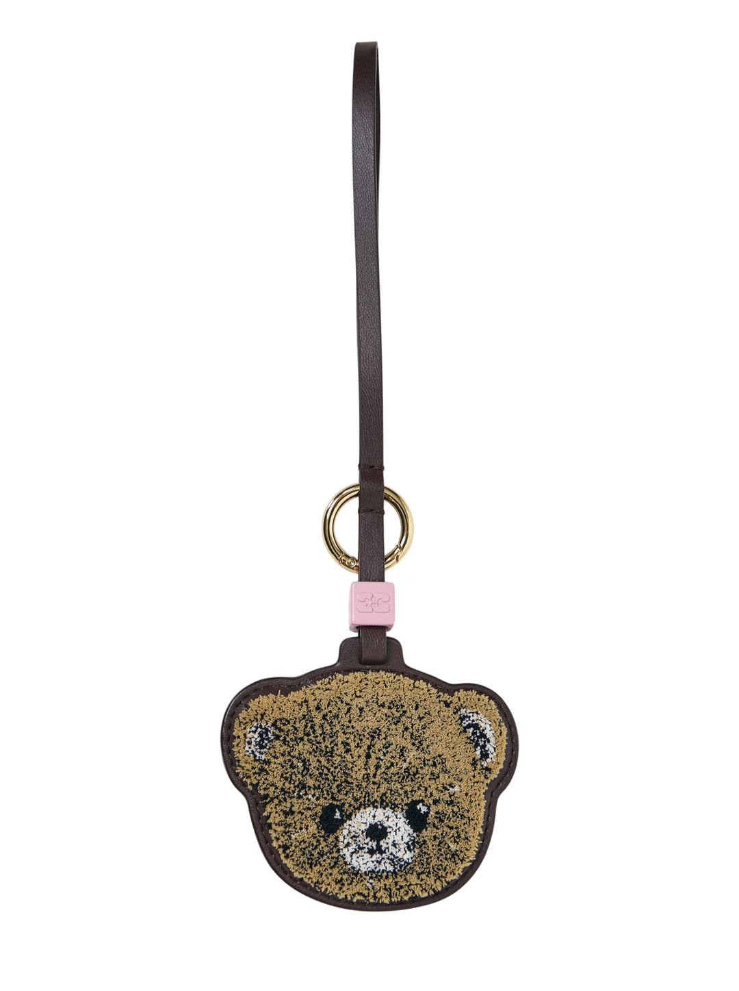 Ganni Teddy Bear Bag Charm featuring a chenille bear face, dark brown leather trim, gold-tone ring, and pink branded connector detail