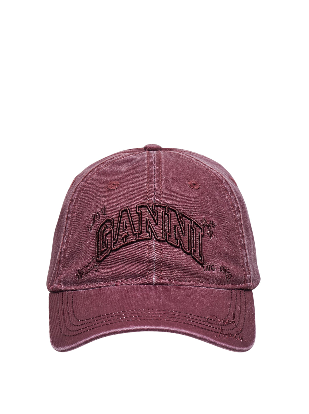 Ganni washed cotton baseball cap in burgundy with tonal arched logo embroidery and hand-drawn script and floral motif details on the front panel