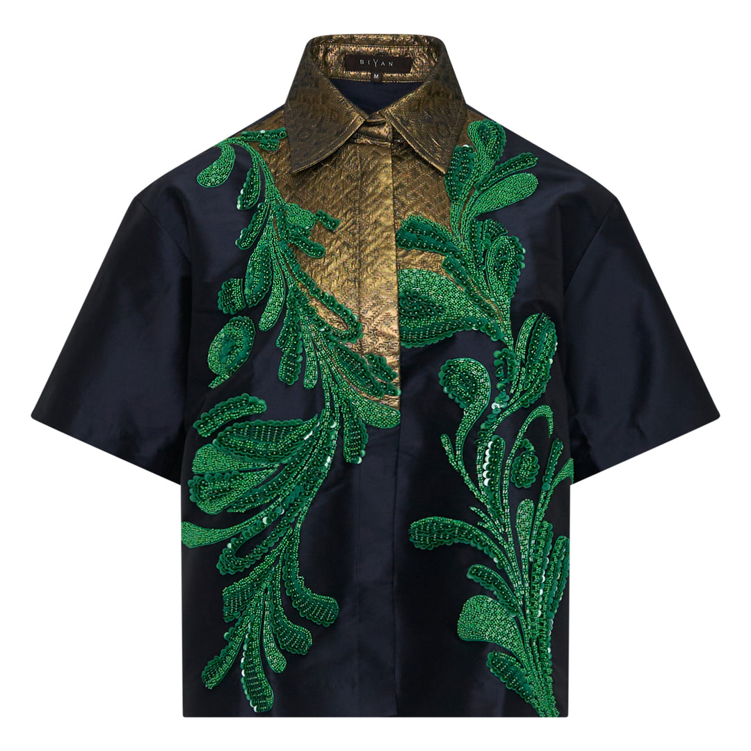 Embellished Taffeta Short Sleeve Blouse