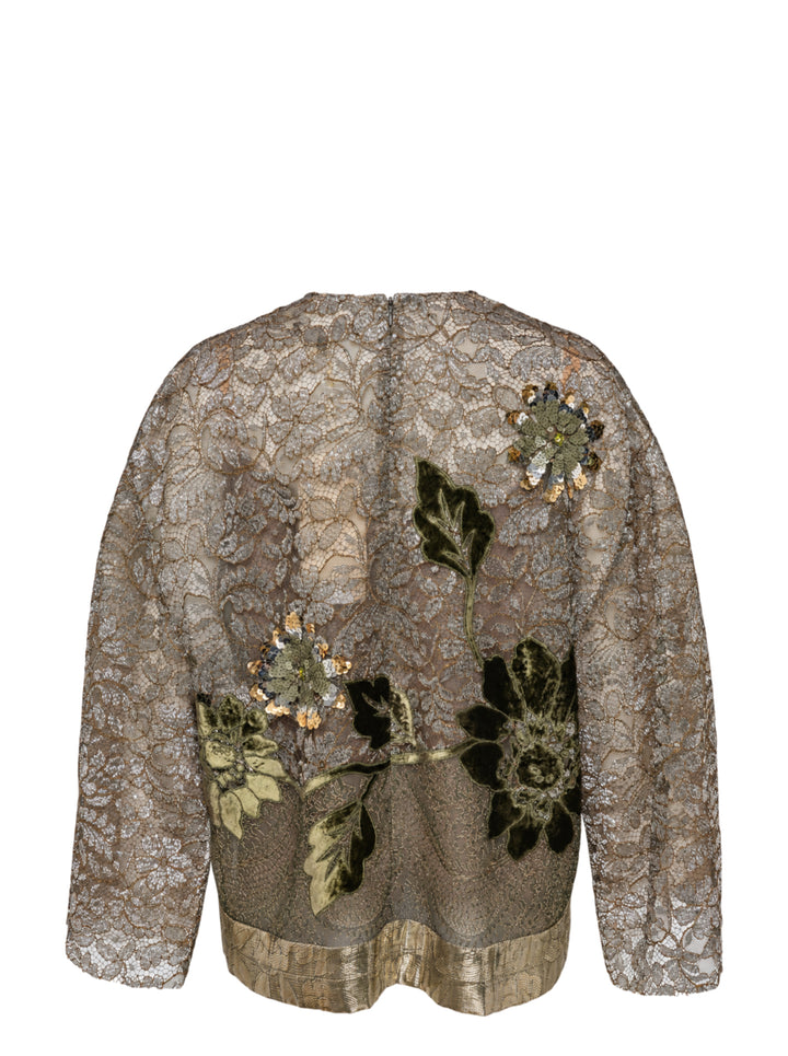 Biyan beaded lace and lamé long sleeve top with sequined floral appliqués, velvet leaf embroidery, and a metallic pleated hem band - view 2