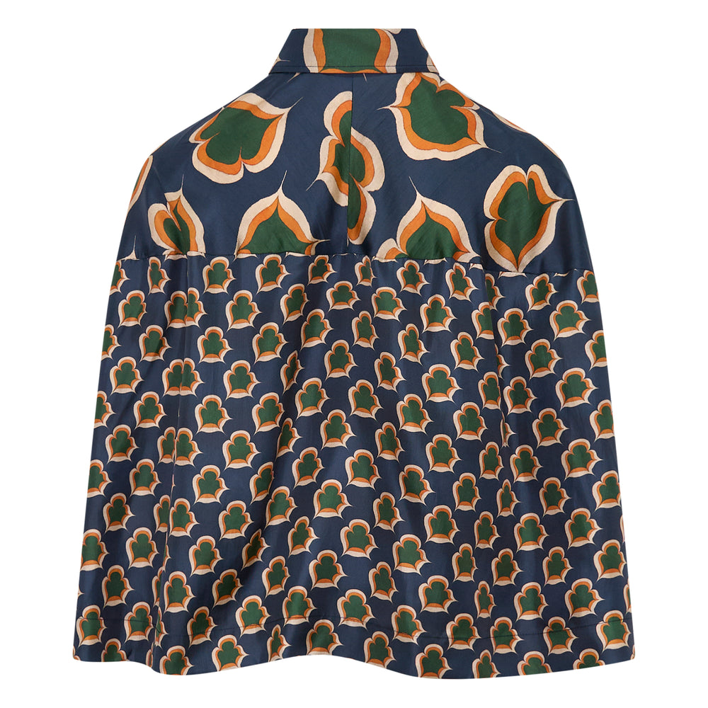 Biyan silk twill cape blouse with an oversized botanical print in navy, green, orange, and cream, featuring a button-front fastening and three-quarter sleeves - view 2