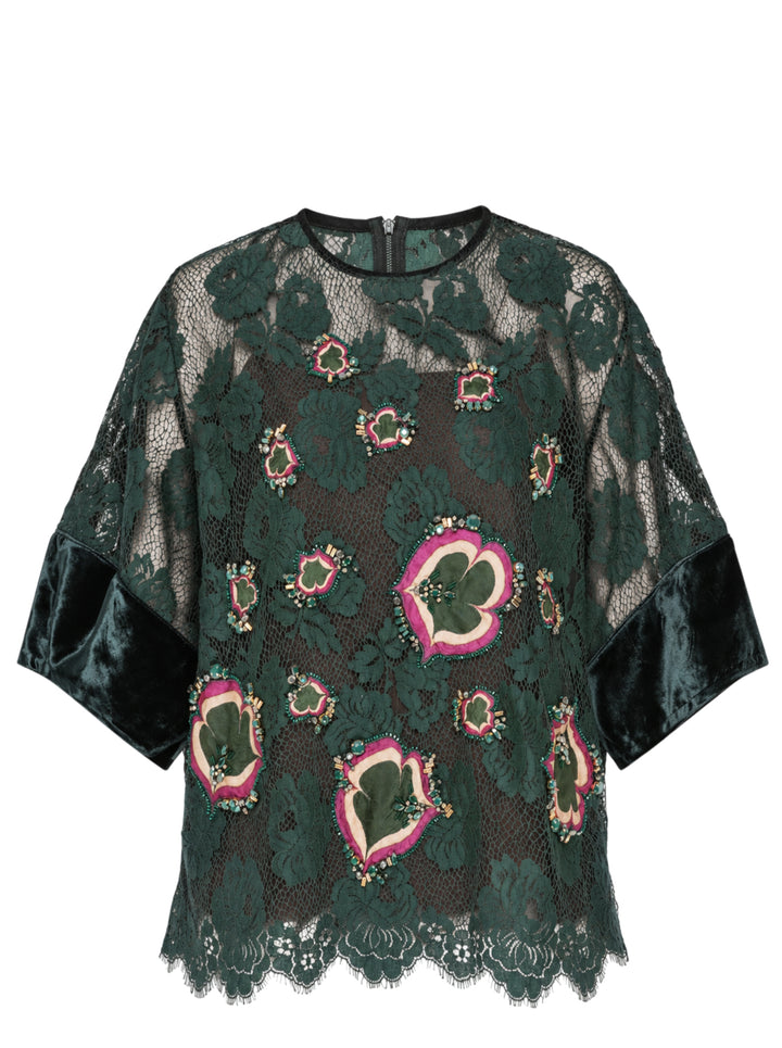 Biyan beaded lace and velvet blouse in deep green, featuring floral lace overlay, jewelled velvet appliqués with crystal embroidery, velvet sleeve panels, crew neck with rear zip, and a scalloped lace hem