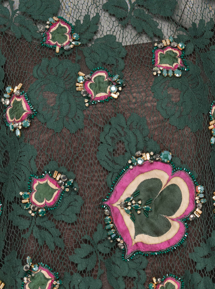 Biyan beaded lace and velvet blouse in deep green, featuring floral lace overlay, jewelled velvet appliqués with crystal embroidery, velvet sleeve panels, crew neck with rear zip, and a scalloped lace hem - view 3