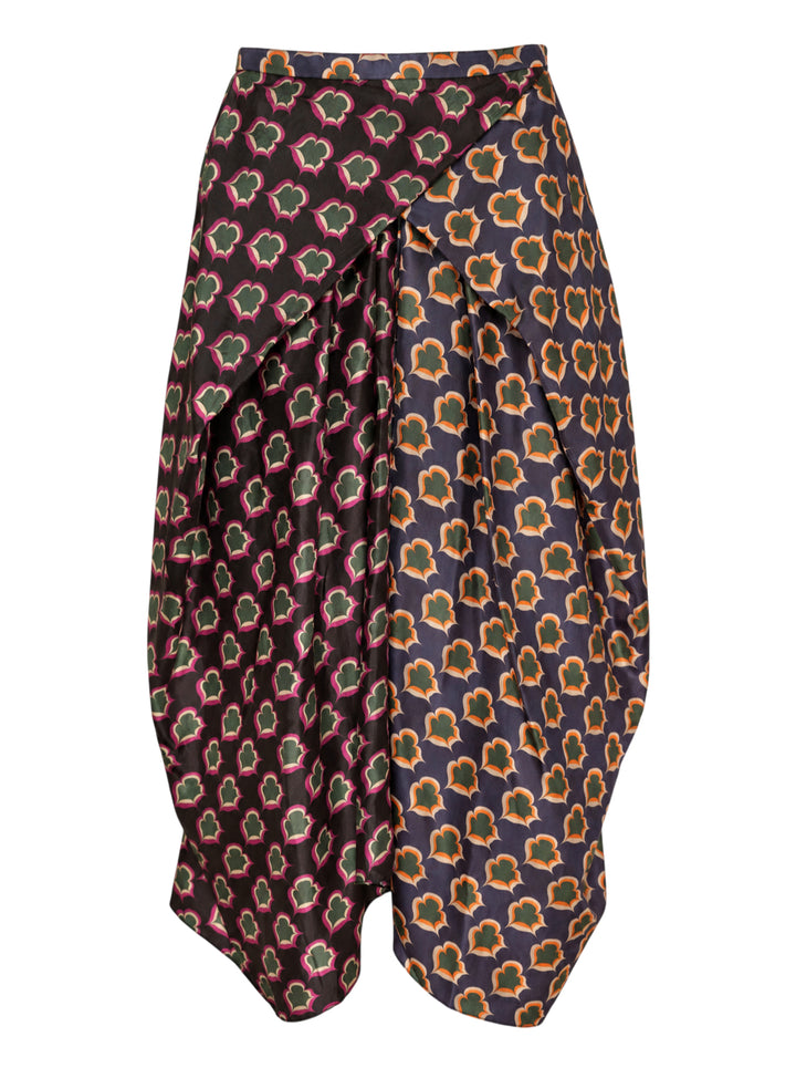 Biyan mix print pleated silk midi skirt with contrasting black magenta and navy amber floral block-print panels and sculptural draped silhouette