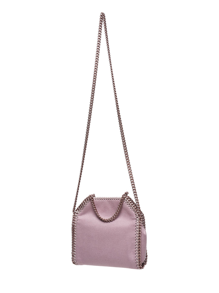 Stella McCartney Falabella Tiny Tote crossbody bag in blush pink eco shaggy material with rose gold chain trim and long chain shoulder strap - view 2