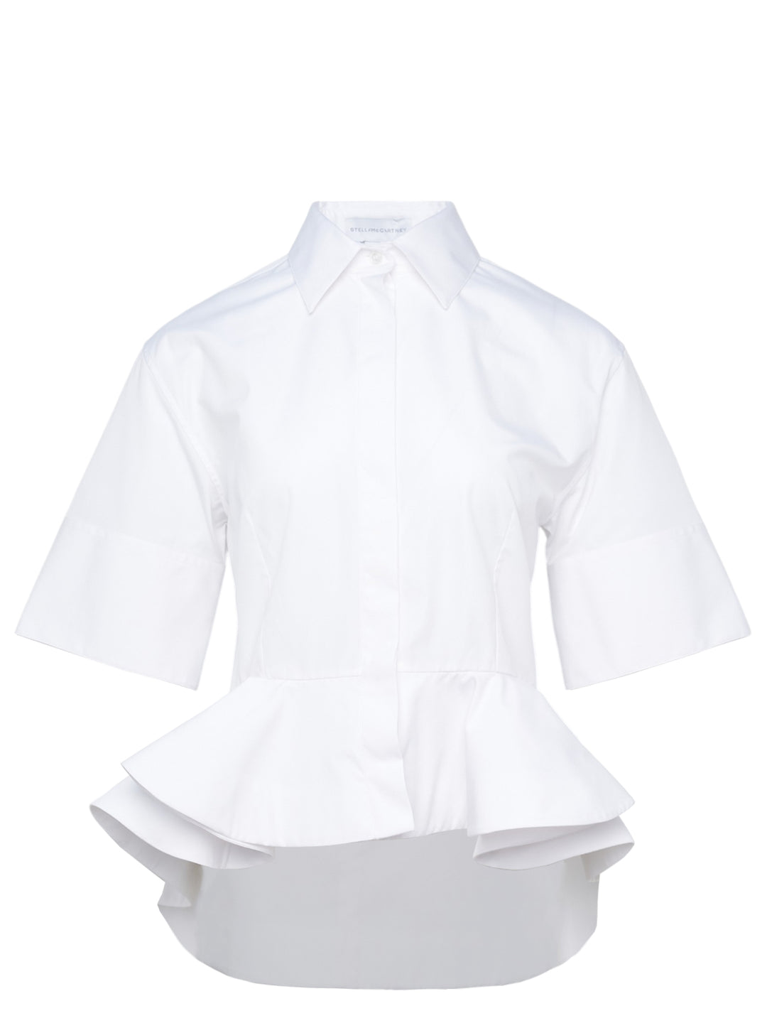 Stella McCartney white cotton poplin peplum shirt with wide elbow-length sleeves, pointed collar, concealed button placket, and structured flared peplum hem