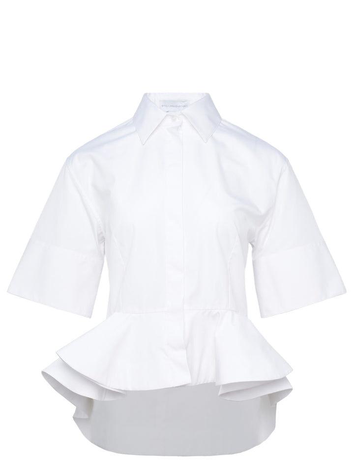 Stella McCartney white cotton poplin peplum shirt with wide elbow-length sleeves, pointed collar, concealed button placket, and structured flared peplum hem