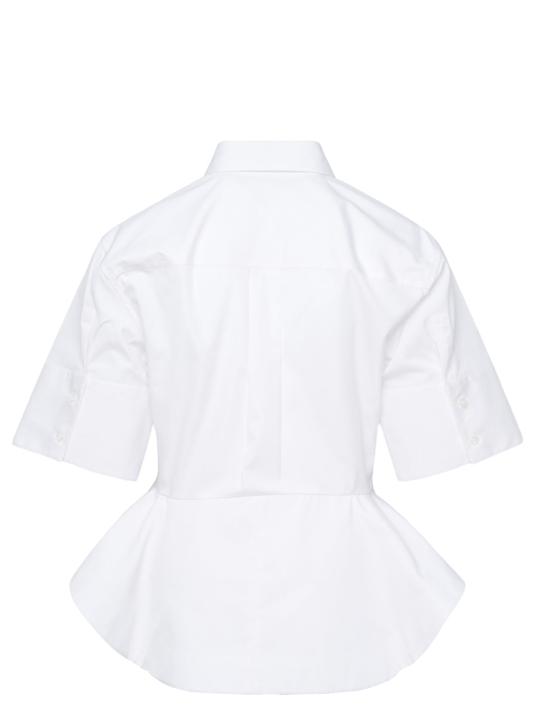 Stella McCartney white cotton poplin peplum shirt with wide elbow-length sleeves, pointed collar, concealed button placket, and structured flared peplum hem - view 2