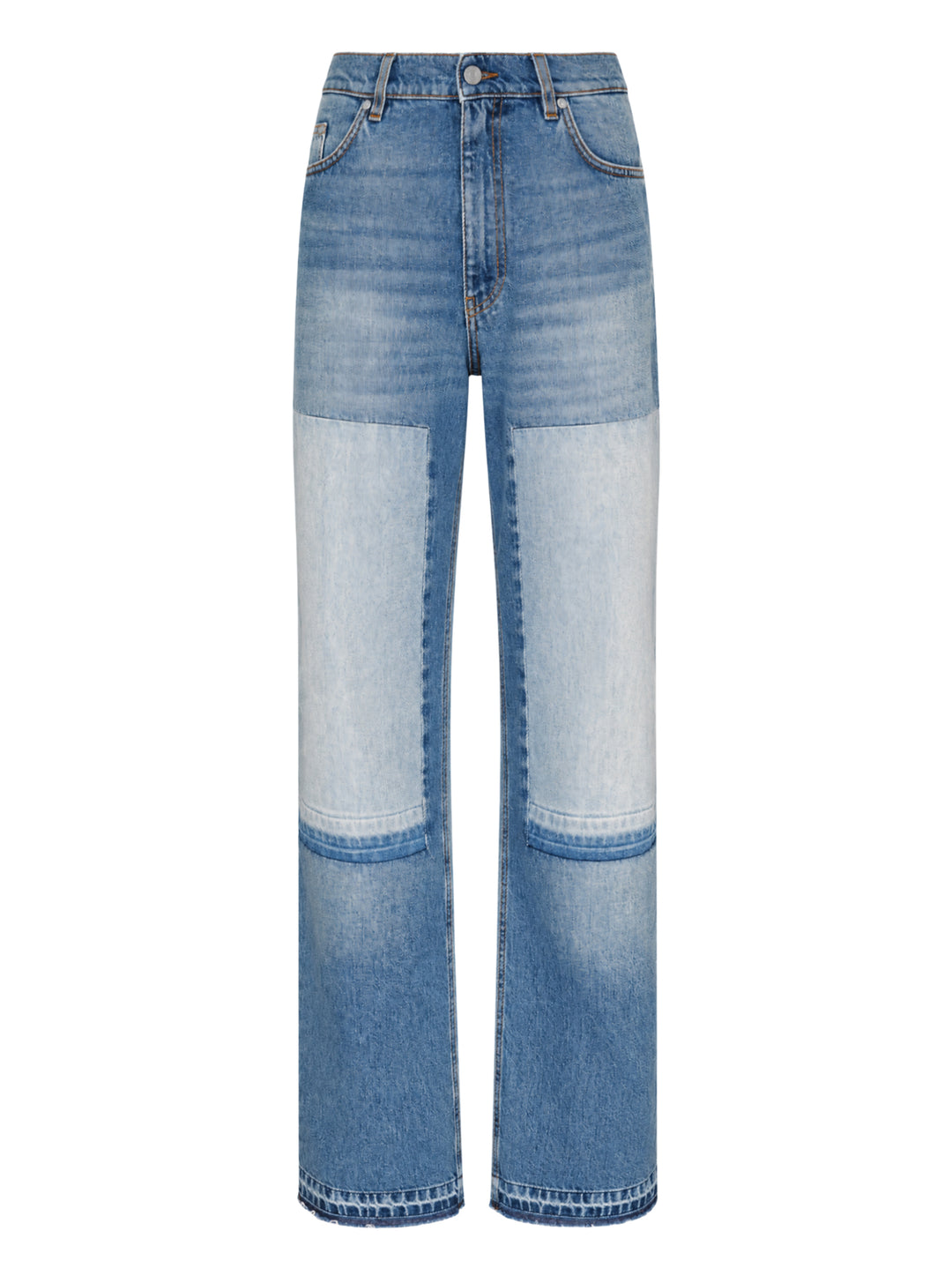 Stella McCartney Patchwork Straight Jeans in medium blue wash, featuring contrast lighter-wash denim panels at the thighs, high-rise waist, wide-leg silhouette, and raw-edge frayed hems